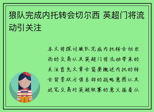 狼队完成内托转会切尔西 英超门将流动引关注