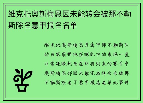 维克托奥斯梅恩因未能转会被那不勒斯除名意甲报名名单